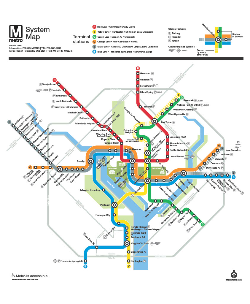 Official WMATA Metro system map showing all six lines (Red, Orange, Blue, Green, Yellow, and Silver) across the Washington, DC area. Includes key transfer stations, accessibility indicators and more.