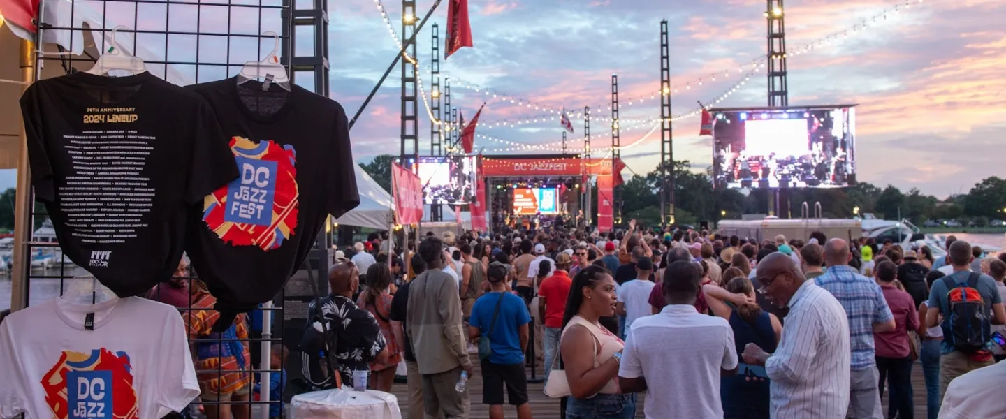 Crowds attend a vibrant jazz festival on the Wharf in Washington, DC.