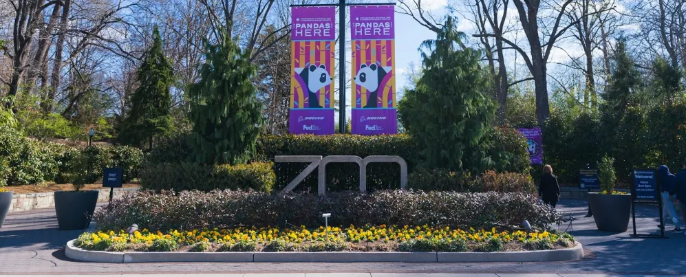 Entrance to the Smithsonian National Zoo with banners announcing pandas.
